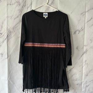 DIANE GILMAN - BLACK FRINGE DETAIL MINI DRESS TUNIC BLACK WOMENS SMALL